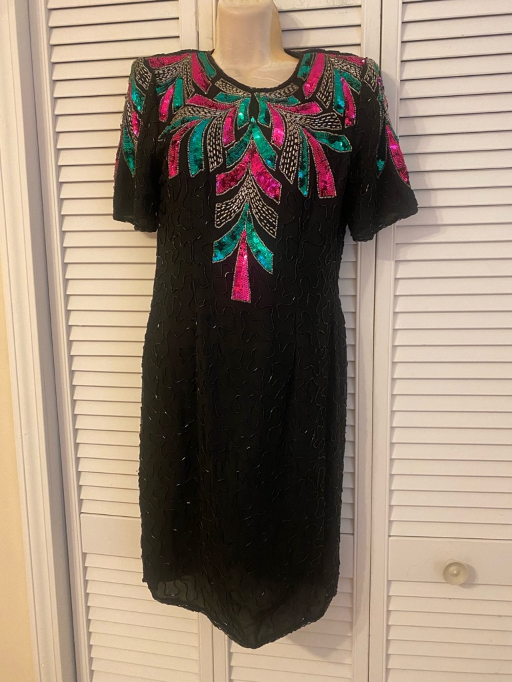VTG 80s Black Silk Casino Showgirl Costume Beaded Sequin Dress Party Cocktail
